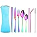 Calistouk Juego de Cubiertos de Acero Inoxidable Reutilizables para Llevar Trabajo Camping Portatil Viaje Comer Almuerzo con Estuche Set de Vajilla (Estuche Azul)