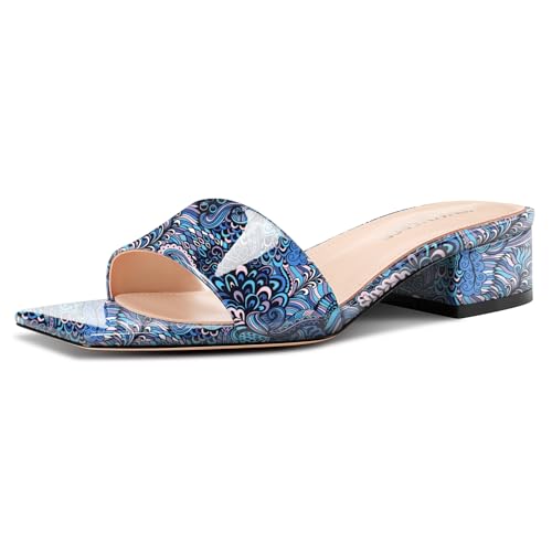 Image of TNYNFBEB Womens Chunky Block Low Heel Open Square Toe Sandals Mules Shoes Slip-on Prom Party Dress Patent Leather 1.4 Inches Heels