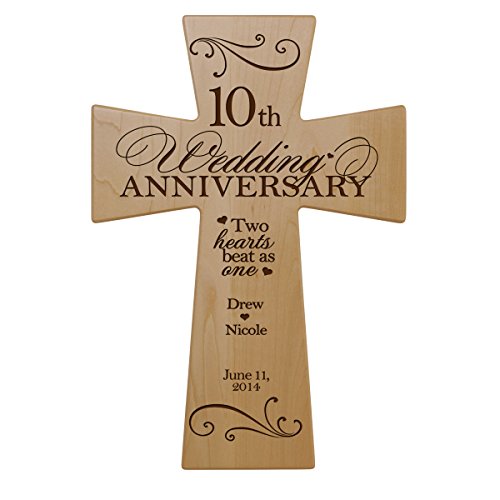 LifeSong Milestones Personalized 10th Wedding Anniversary Maple Wood Wall Cross Gift for Couple, 10 Year for Her, Tenth Wedding for Him (7x11)