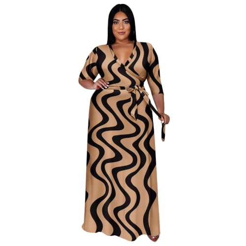Image of Runwind Plus Size Dresses for Women Floral Maxi Dress Flowy 3 /4 Sleeve with Belt