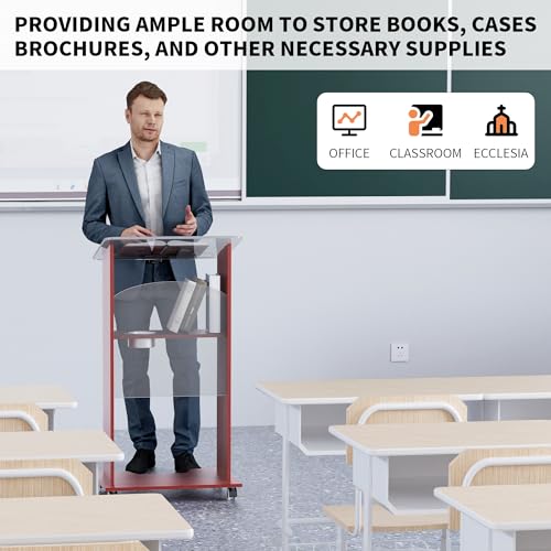 Podium Stand,Portable Lectern with Acrylic and 15mm Plywood,Podium with Shelf and Cup Holder,Mobile Stand for Seminars and Schools (Small)