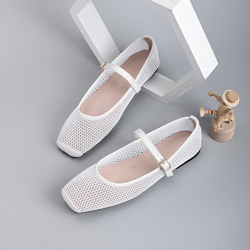 Womens Square Toe Mesh Ballet Flats Comfortable Casual Dressy Mary Jane Flat Low Heel Slip-on Shoes with Buckle Strap4