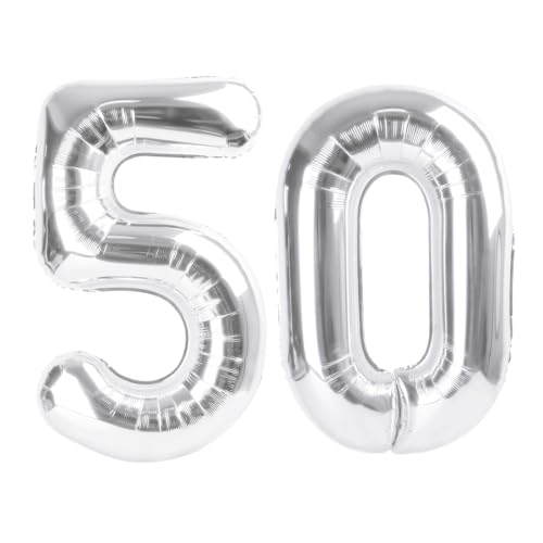 Image of 50 Balloon 40 inch Silver Number Balloons for 50 Birthday Party Decorations | Saturated Color, Large 40 in, With Straw & Hanging Hole, For Graduation Season, Thanksgiving, Anniversary, Christmas