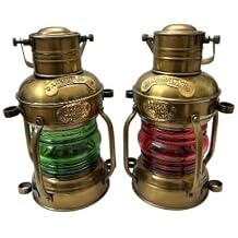 Antique Brass Finish Red & Green Glass Oil Lantern/Vintage Nautical Ship Oil Lantern/Marine Oil Lamp Decor Set of 2 Red/ Green