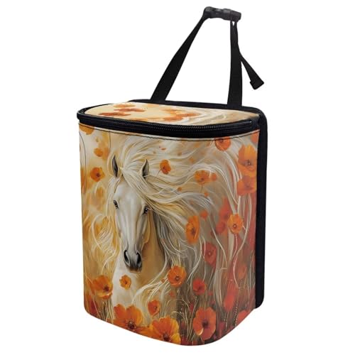 Image of Talayituse Horse Floral Print Car Trash Can with Lid, Leak Proof Auto Trash Bag Hanging Vehicle Garbage Can Multipurpose Storage Container for Back Seat Road Trip