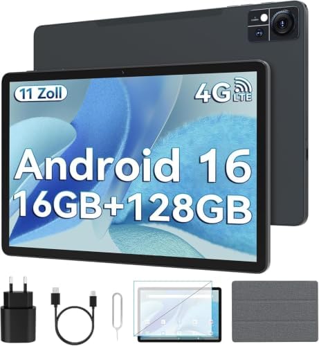 ANTEMPER Android 16 Tablet 11 Zoll mit SIM Card Slot, 8000mAh Akku, 5G WiFi + 4G LTE Dual-SIM, 16GB + 128GB(1TB erweiterbar), Octa-Core, GPS, Tablett PC mit Tastatur Maus Stift Kom