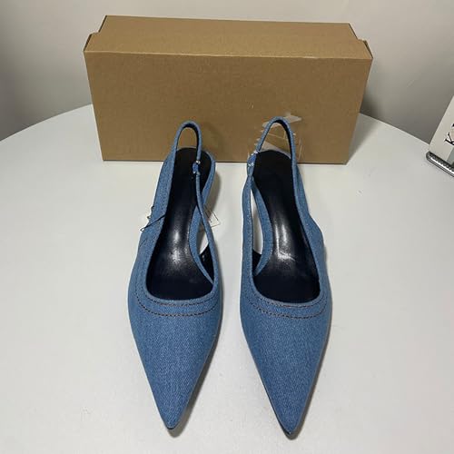 WENOREG Women's Pointed Toe Slingback Kitten Heels Shoes,Comfortable Denim Low Heel Elastic Back Strap Sexy Slip On Walking Wedding Party Dress Pumps Shoes2