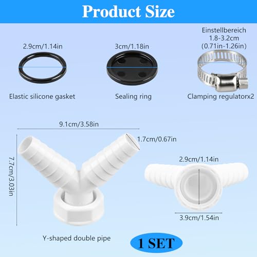 Abfluss Waschmaschine Doppelanschluss Y-Adapter 1 Zoll, Universeller Waschmaschinenanschluss für Trockner & Geschirrspüler, Siphon Anschluss Set mit Schlauchschellen & Dichtungen (19-24mm)