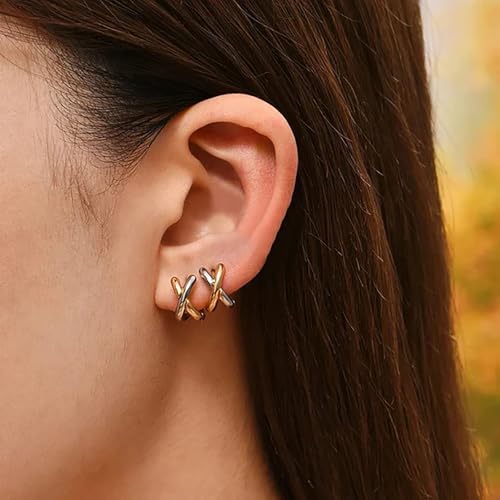 14K Gold Plated X Shaped Hoop Earrings for Women, Minimalist Small Huggie Hoop Earrings for Women2