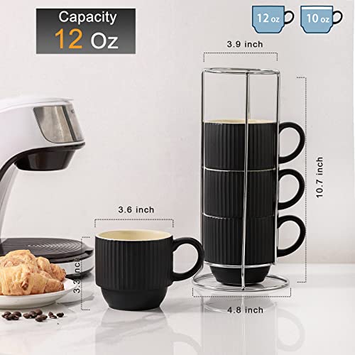 Hasense Black Coffee Mug Porcelain Set Of 4 With Rack - 12 Oz Stackable Coffee Cups Ceramic, Modern Ribbed Latte Cup Sets For Cappuccino, Tea, Espresso, Hot Cocoa, Drinks - Dishwasher & Microwave Safe #TOP2