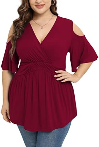 TIANZHU Women Plus Size Red Shirt Wrap Top Short Sleeve Blouse Dress Top Tunic Clothing Peplum Clothes Wine Red, XX-Large
