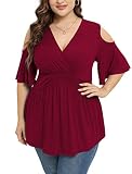 TIANZHU Women Plus Size Red Shirt Wrap Top Short Sleeve Blouse Dress Top Tunic Clothing Peplum Cloth