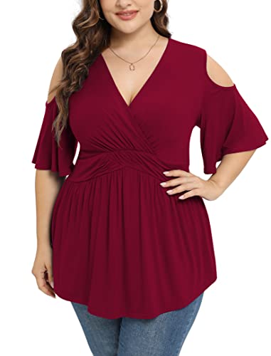 Tianzhu Women Plus Size Red Shirt Wrap Top Short Sleeve Blouse Dress Top Tunic Clothing Peplum Clothes Wine Red, Xx-Large #TOP3