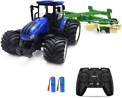 RC Truck Farm Tractor with 2 Rechargeable Batteries - 2.4G 1/24 High Simulation Construction Vehicle with Dual Rotary Swath Windrower，Remote Control Toy with Lights, Hobby Model Toys for Kids 3-6