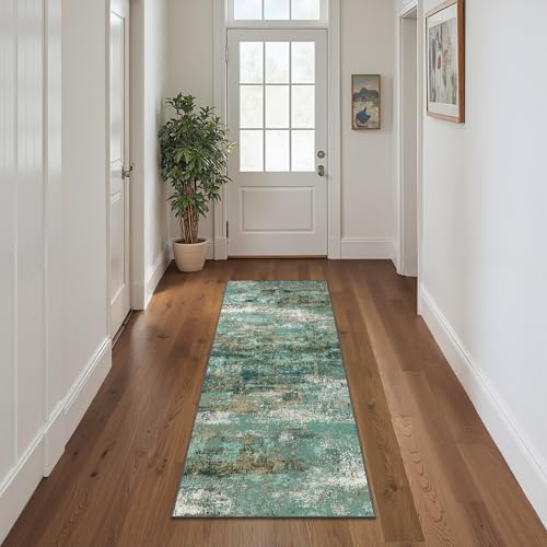 Image of BEIMO Runner Rug for Hallway Kitchen, 2x6 Machine Washable Runners Rug for Entryway, Soft Modern Abstract Throw Rugs, Low Pile Floor Cover with Non Slip Backing, Turquoise