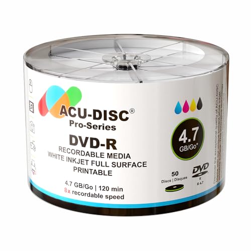ACU-DISC 8x Speed Pro-Series DVD-R Blank 8x Speed 4.7GB 120 Mins Full Face Brilliant White Inkjet Printable Blank Discs 17981 - 50 Pack