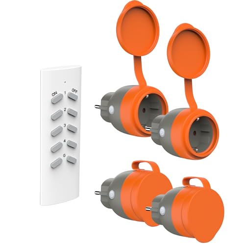 UCOMEN Funksteckdosen mit Fernbedienung Außen IP44, TÜV-zertifiziert, 30m Reichweite, Programmierbar Funkschalter für Garten Terrasse,16A 3680W, 4er Pack