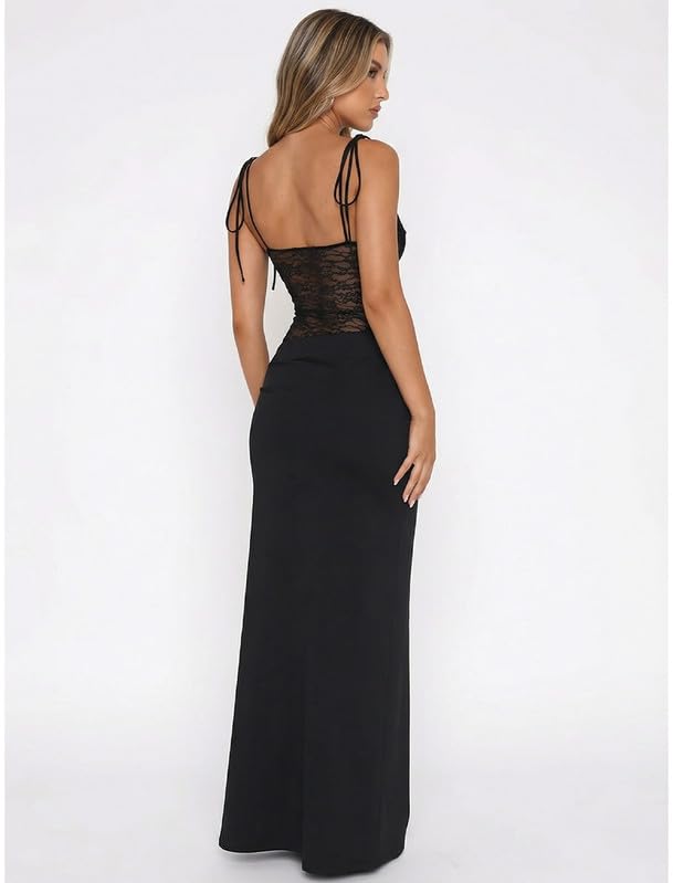 Vestido Largo Mujer Sexy Encaje Patchwork Vestidos de Tirantes Elegante sin Mangas Cuello Cuadrado Maxi Vestido Ajustado Verano Y2k Casual Bodycon Recortado Vestidos de Fiesta Cóctel Club