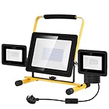 Viugreum 100w Led Work Light with Plug 8000LM 6500k Outdoor Lights Mains Powered 3 Adjustable Heads IP65 Flood Lights Outdoor Portable Construction Light with Stand / 3m Cable for Workshop Garage
