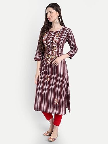 Image of Siyanic Marron Khadi Striped Womens Cotton Kurta || Cotton Kurta || Womens Khadi Kurta