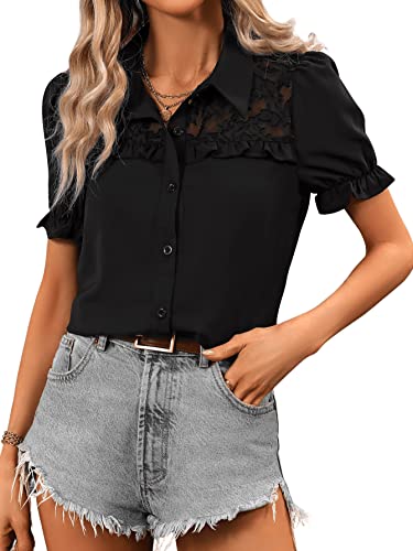 GORGLITTER Elegant Bluse Damen Tunika mit Spitzen Kurzarm Oberteil Button...