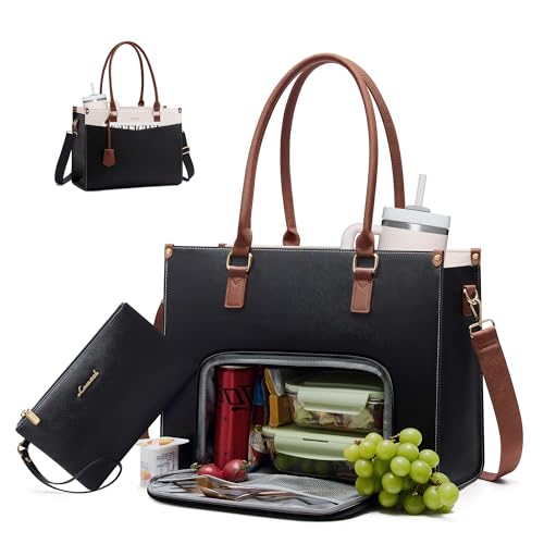 Image of LOVEVOOK Laptop Lunch Bag for Women 15.6 Inch, Waterproof Tote Purse with Cup Holder & Elegant Clutch