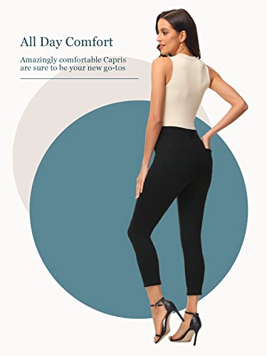 Puzeer Capris Pants For Women Business Casual Summer Pull On Dress Pants For Women Slim Work Crop Pants With Pockets 21.5" Black #TOP1
