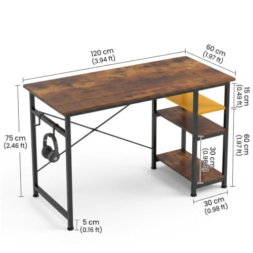 Image of computer table for home pc with Shelves|Study Table for Students|Home Office Desk |Wooden Workstation for Laptop and PC|Dual Monitor Desk|Adjustable Shelf Design | Rustic Brown | 120x60x75 cm