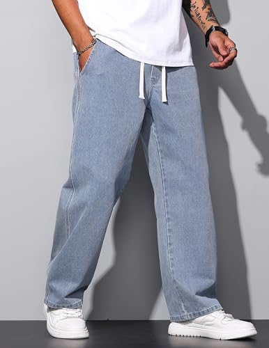 Men's Casual Jeans Regular Fit Denim Pants Straight Leg Jeans Elastic Waist Drawsting Trousers2