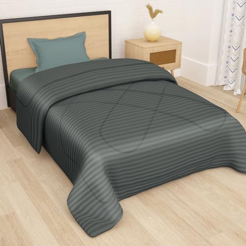 Image of Single Bed Comforter Blankets for Winter |Reversible Microfiber Comforter Single Bed | 180GSM 150x225 cm | Dark Grey & Stripes Pattern | AC Blanket Single Bed | Dohar | Quilt | Duvet