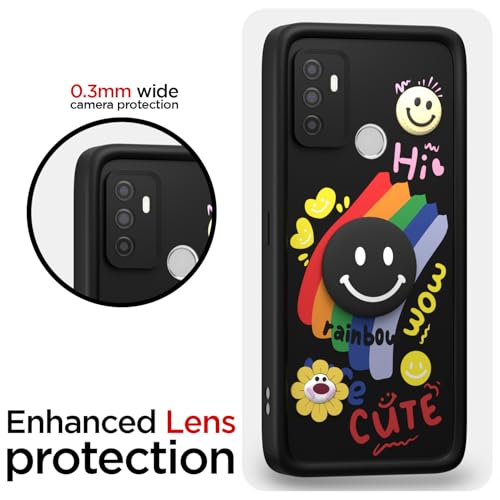 Image of Pikkme Back Cover for Oppo A53 | Soft Silicone| Cute Rainbow Smile & 3D Cartoon Flower Design | Shockproof Raised Camera Protection Bumper Case (Black)