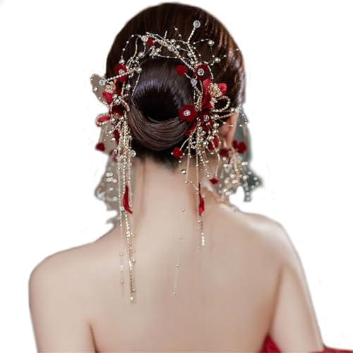 Couvre-chef de mariée rouge et boucles d'oreilles de prestige pour robe de cérémonie