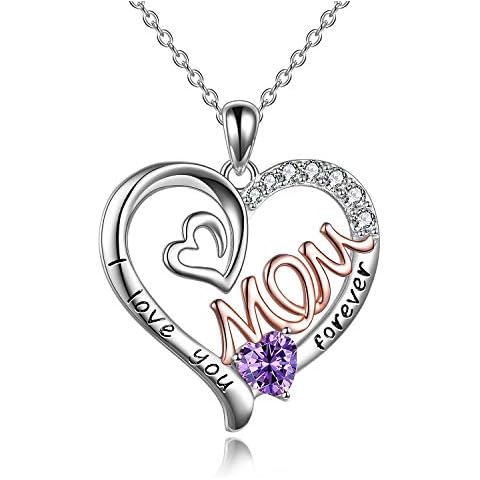 WINNICACA Mom Necklace S925 Sterling Silver Heart CZ Purple Stone Love Mum Pendant February Birthstone Jewellery for Women Mother Gifts Cover