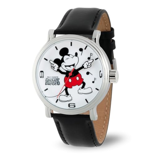 Image of Disney Mickey Mouse Articulating Hands Watch for Men, Classic Mickey Mouse Watch with White Dial, Silver Case, and Black Leather Strap – Full-Color Watches for Men, Vintage-Inspired Watches, Black