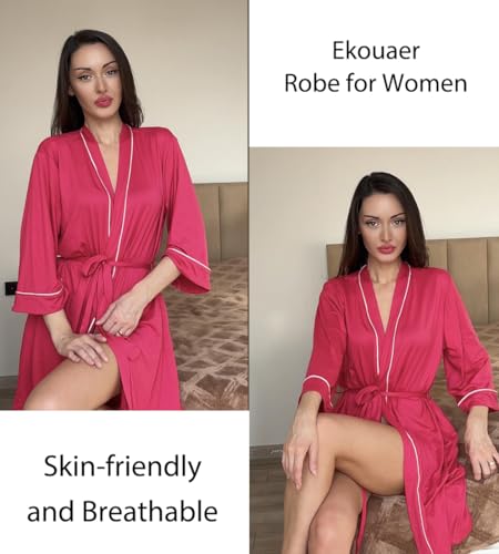 Image of Ekouaer Women Kimono Robes Knee Length Knit Bathrobe Lightweight Soft Sleepwear V-neck Casual Ladies Loungewear