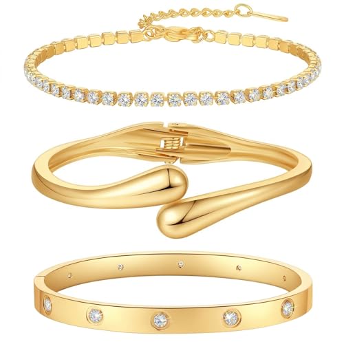 Mothers Day Gifts for Mom 18K Gold-Plated Bracelet Set – Floral Clover, Tennis, Chunky Adjustable Twist Cuff, Classic Gold-plated Bangle Stainless Steel, Non Tarnish, Stackable Bracelet Gift for Women