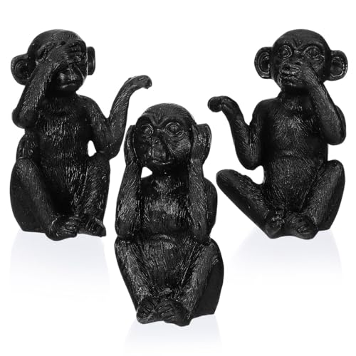 HOMSFOU Resin Monkey Statue Set 3Pcs 3 Wise Monkeys Hear No Evil See No Evil Speak No Home Office Desktop Animal Figurines Black 1.77X2.17X3.15In