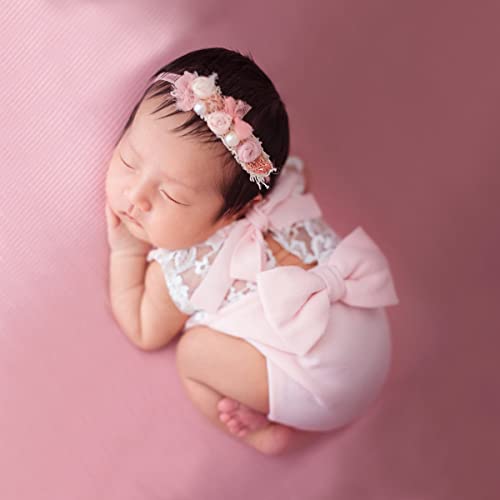 Image of Ylsteed Newborn Photography Outfits Girl Lace Romper Newborn Baby Photo Shoot Outfits Girls Photo Props (Lace Flower-Pink)
