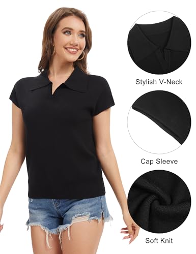 2 Pack Womens Sweater Vest V-Neck Knit Pullover Short Cap Sleeve Collared Tops Dressy Casual 2025 Summer Sweater3
