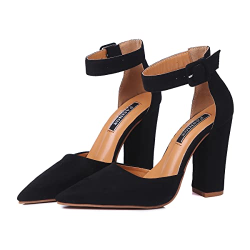 Hee grand Women Ankle Strap Closed Pointed Toe Chunky Block Heel Pump Party High Heel Sandals Office Work Court Dressï¼ŒBlack 7