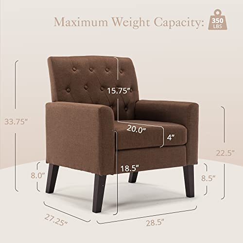 Lue Bona Linen Accent Chair 18.5" H, Comfy Living Room Chair With Arms, Button Tufted Upholstered Modern Arm Chairs, Armchair For Living Room, Bedroom, Brown #TOP1