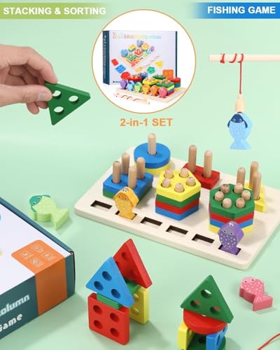 Image of SHINETOY Wooden Fishing Column 2 in 1 6 Sets (Preschool Puzzle Game) Early Montessori Teaching aids 1 to 3 Years Geometric Shape Matching Building Blocks Fishing Game for Kids Education