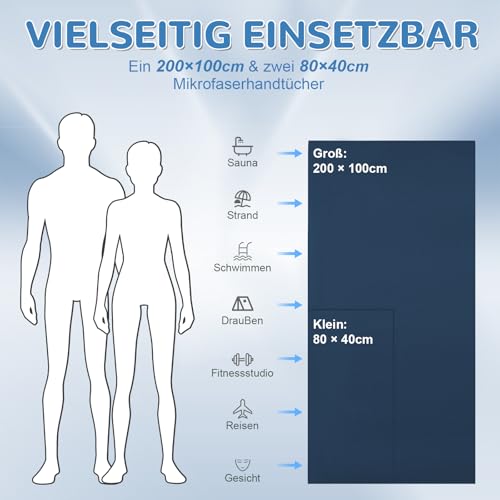 Mikrofaser Handtuch 3er Set - Groß 200×100cm & 2 Klein 80×40cm, Schnelltrocknend Microfaser Sporthandtuch, für Reisehandtuch, Badetuch, Fitness & Sport Handtücher und Strandtuch (Dunkelblau) – Bild 5