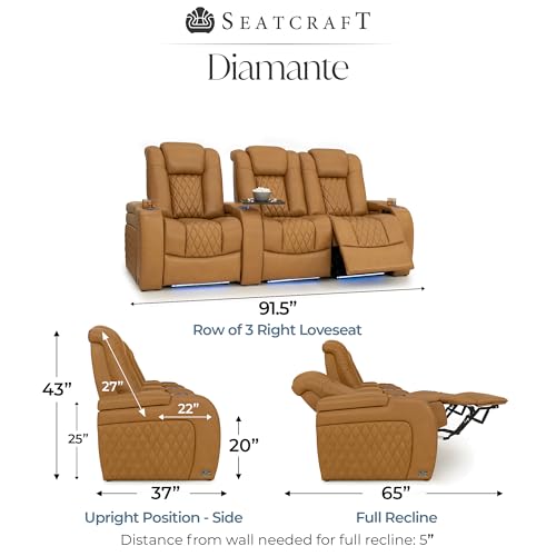 Image of Seatcraft Diamante Tan Oak Italian Leather Home Theater Seating, Zero Gravity Power Recliner Gaming and Home Office Chair Powered Headrest Lounge Sofa Furniture Cinema Room, Row of 3 Right Loveseats