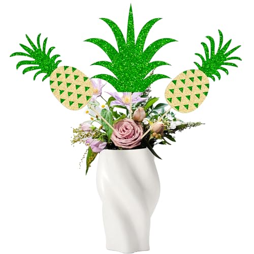 Gyufise 12Pcs Pineapple Flower Centerpiece Sticks Assembled Glitter Pineapple Donut Table Centerpiece Sticks for Hawaiian Luau Aloha Summer Tropical Theme Kids Birthday Party Supplies Green