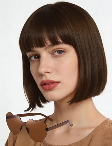 MIUSKATL Wig and Sunglasses 12 Inch Short Bob Wigs with Bangs for Women Costume Cosplay Party (Brown)