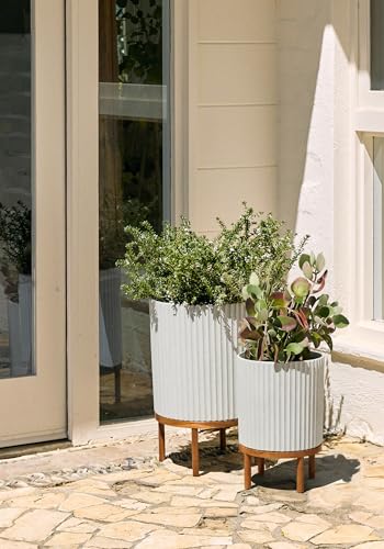 Image of Veradek Demi Series Raised Duo Planters - Set of 2 Planters with Stands | Made From a Durable Plastic-Stone Composite & Comes With Wooden Stand. Modern Porch /Patio Decor