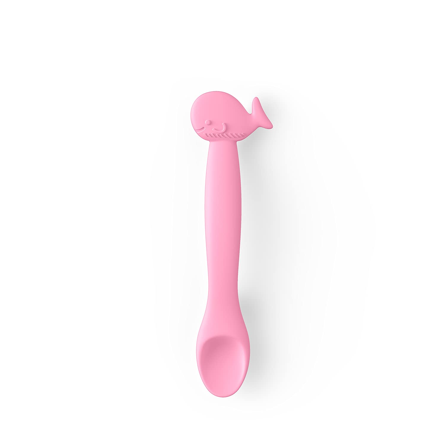 Suavinex Silicone Baby Spoon, +4 Months, Flexible Spoon with Long Handle, Soft Spoon for Sensitive Gums, Dishwasher Safe, Whale Design, Pink