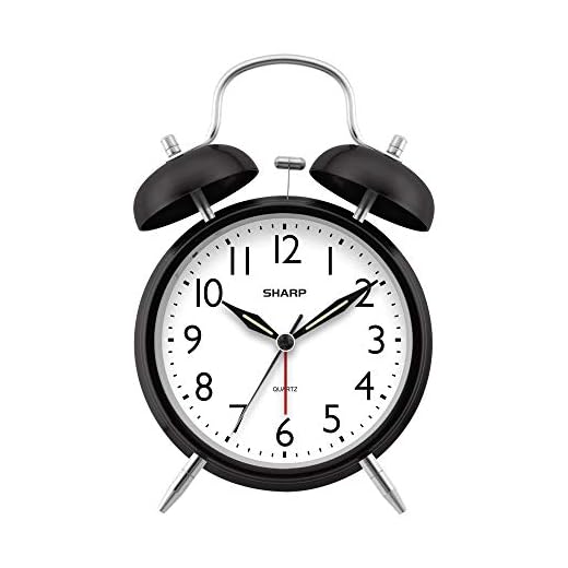 Sharp Twin Bell Alarm Clock - Loud Alarm - Great for Heavy Sleepers - Battery Operated Quartz Analog Clock (Midnight Black)