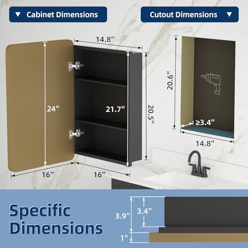 YTSMIR Bathroom Medicine Cabinet with Mirror 16 x 24 Inch, Gold Medicine Cabinet Recessed or Surface Wall-Mounted, Mirrored Cabinets with 2 Adjustable Shelves for Bathroom Vanity by YTSMIR - Used condition - Image 5